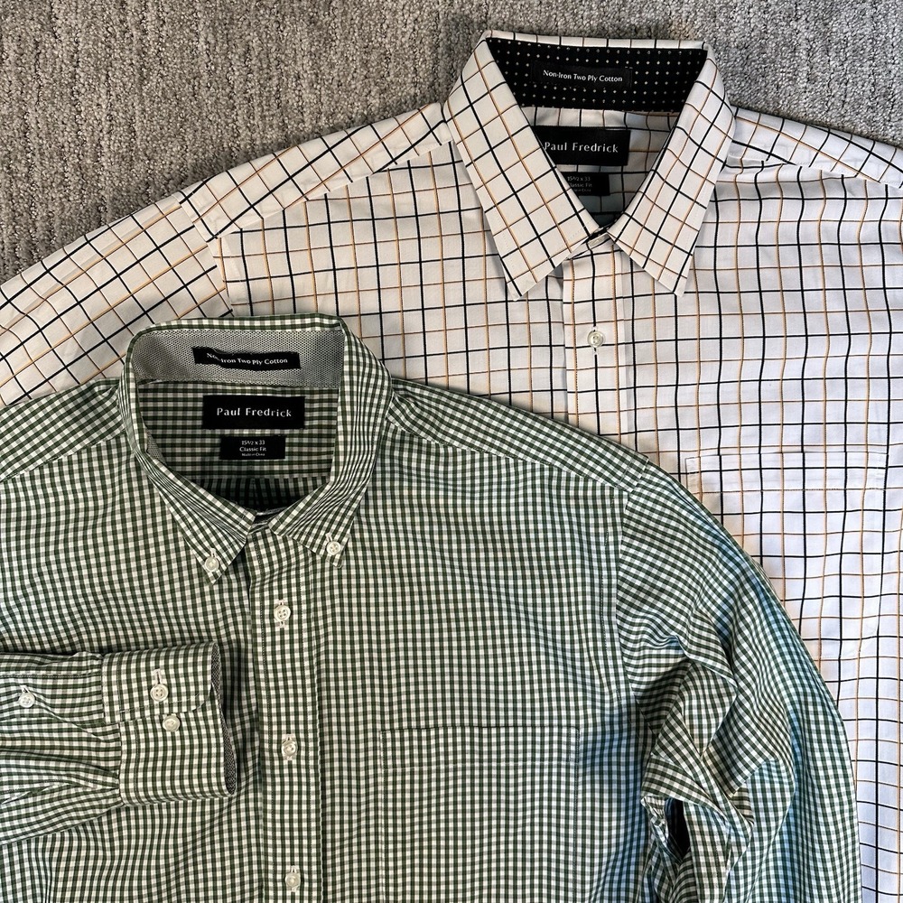 LOT-2 Paul Frederick Flip Cuff Dress Shirt Plaid Men's 15 1/2x33 Green White